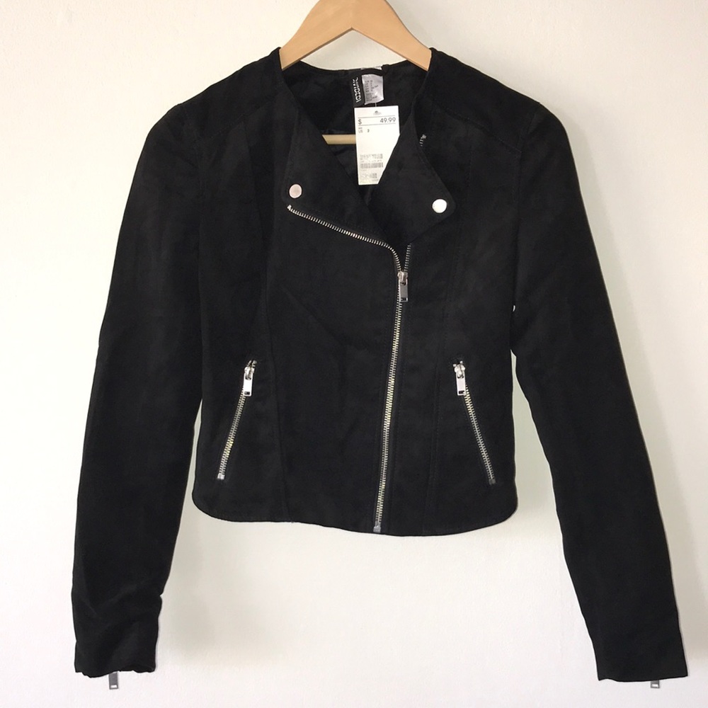 NWT H&M Cropped Faux Suede/Velvet Moto Jacket - S2 - Picture 2 of 6